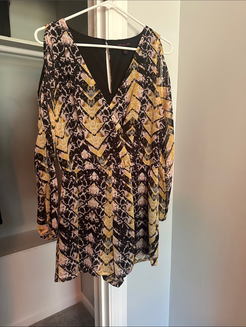 Material Girl Yellow & Black Printed Long-Sleeve V-Neck Dress